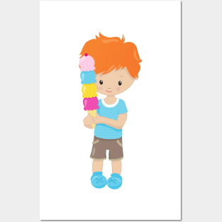 Boy With Ice Cream, Orange Hair, Ice Cream Cone Posters and Art